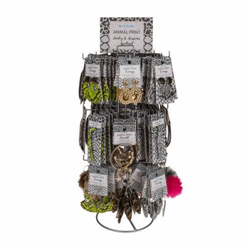 **МЕГА ЕВТИНО** КОМПЛЕКТЕН ВЪРТЯЩ СЕ СТЕНД С БИЖУТА И АКСЕСОАРИ ANIMAL PRINT (180 бр.)