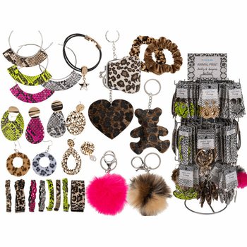**МЕГА ЕВТИНО** КОМПЛЕКТЕН ВЪРТЯЩ СЕ СТЕНД С БИЖУТА И АКСЕСОАРИ ANIMAL PRINT (180 бр.)