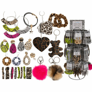 **МЕГА ЕВТИНО** КОМПЛЕКТЕН ВЪРТЯЩ СЕ СТЕНД С БИЖУТА И АКСЕСОАРИ ANIMAL PRINT (180 бр.)